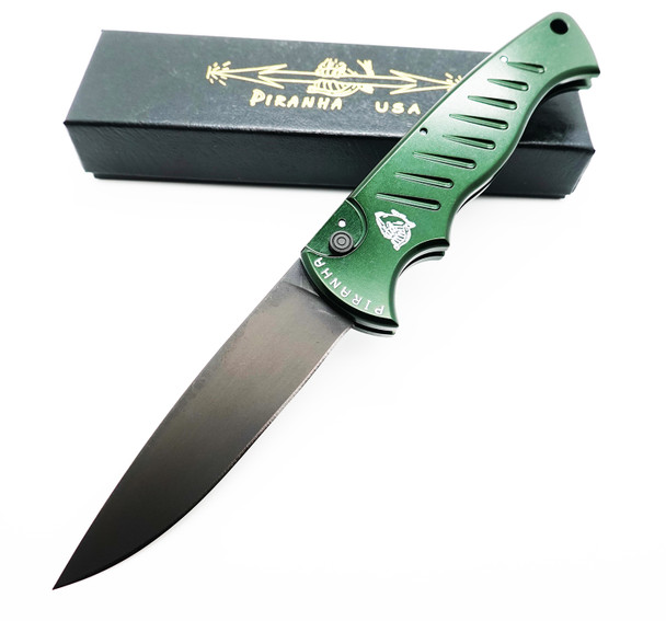 Piranha Pocket Automatic Knife Green Tactical Black Blade