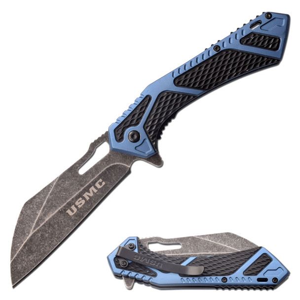 Spring Assisted Knife USMC Wharncliffe Blade BLue Tan Tactical EDC