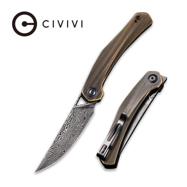 CIVIVI Knives Elijah Isham Lazar Front Flipper Knife Damascus Blade Black Hand Rubbed Brass Handles