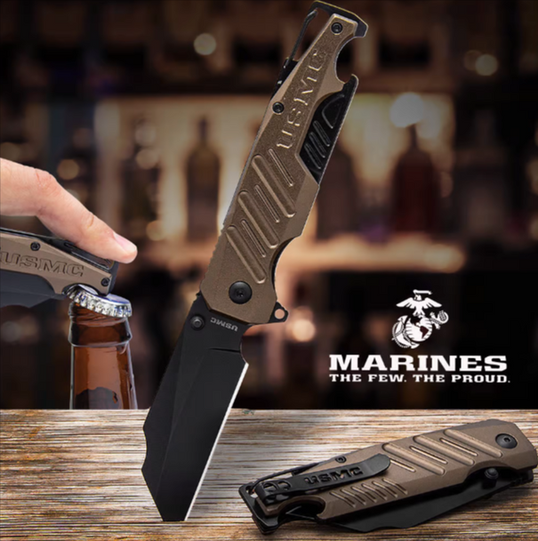 USMC Brewski Pocket Knife With Bottle Opener and Carabiner Clip
