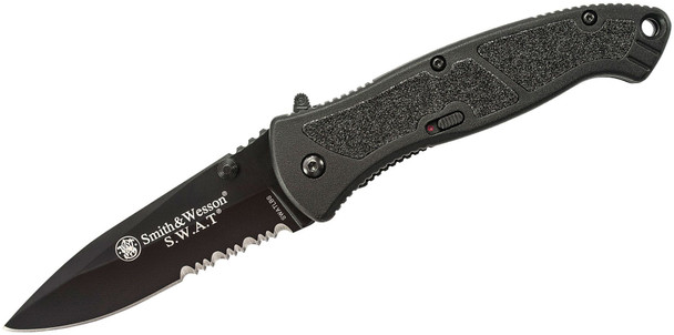 Smith & Wesson Large SWAT MAGIC Assisted Folding Knife Combo Blade, Black, Aluminum Handles with Grip Inserts