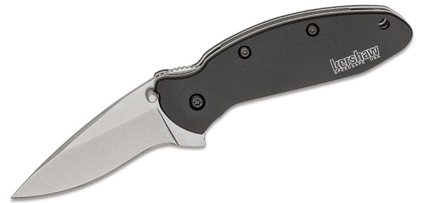 Kershaw Ken Onion Scallion Assisted Flipper Knife Stonewashed Plain Blade, Black Aluminum Handles