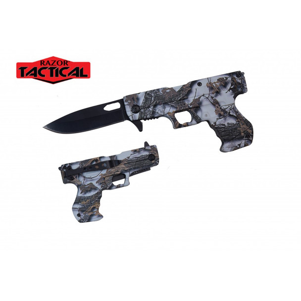 Snow Camo Pistol Assisted Folder Knife Gun Shaped