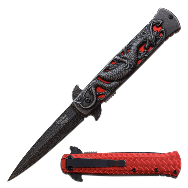 Dark Side Blades Silver Dragon Over Red Assisted Knife
