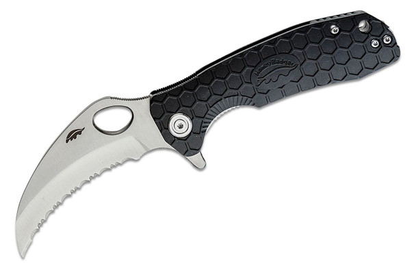 Honey Badger Medium Flipper Knife Satin Serrated Claw Blade, Black FRN Handles