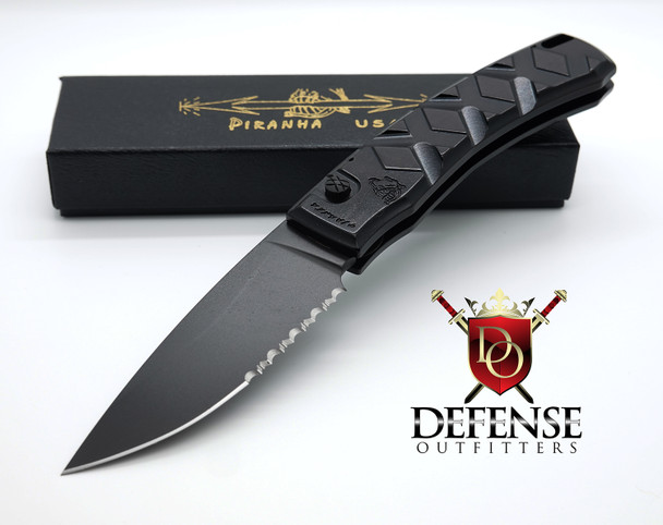 Piranha X Automatic Knife Tactical Black Handle Serrated Blade
