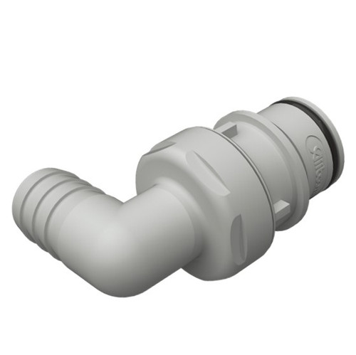 Large Valved Male, Polypropylene Elbow with Barb for 3/8" or 1/2" Hose (C6 Series)