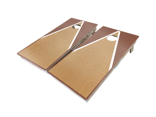 A set of cornhole boards, featuring a modern triangle design in natural wood tones with white and red mahogany accents. Positioned at an angle, the boards highlight their sleek, minimalist style and high-quality craftsmanship, making them ideal for backyard games, tournaments, and stylish outdoor events.