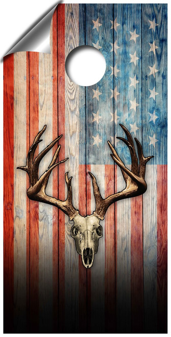 American Flag Deer Skull Cornhole Board Wrap Set