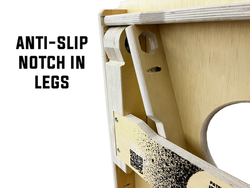 closeup of x factor cornhole board legs