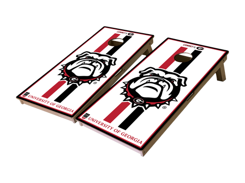 red black striped university of georgia dawg head cornhole board set