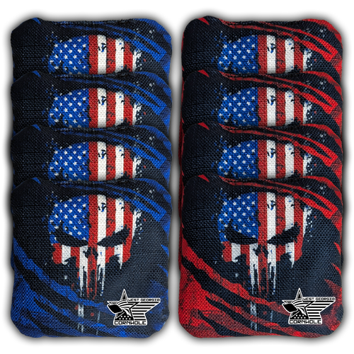 punisher skull red white and blue flag cornhole toss bags