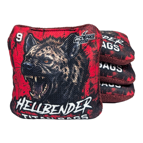 hellbender acl stamped professional titan cornhole bags with a hyena design