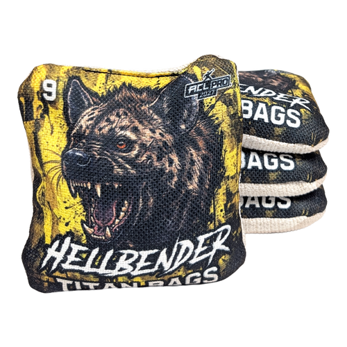hellbender acl stamped professional titan cornhole bags with a hyena design