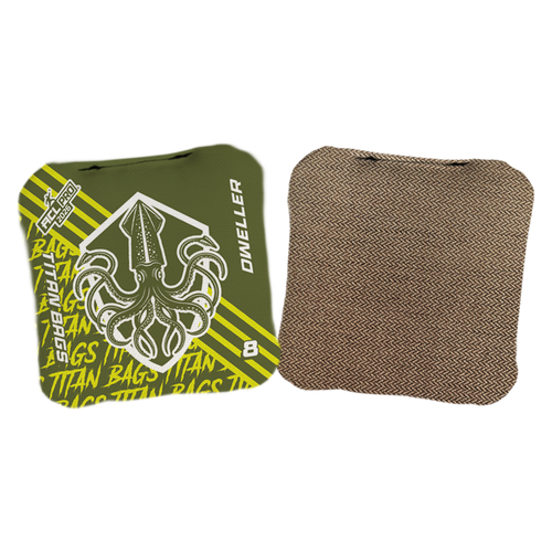 acl stamped professional titan cornhole bags with a kraken squid design dweller green