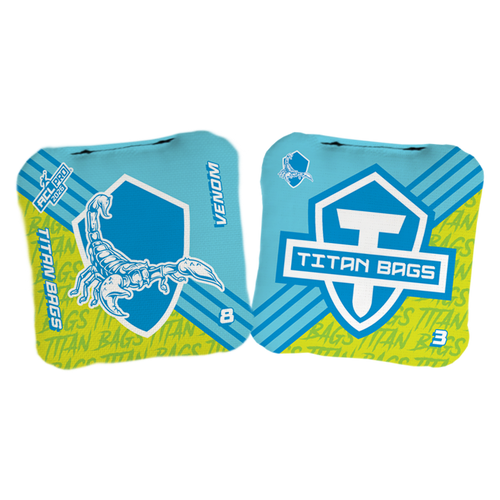 acl stamped professional titan cornhole bags with a scorpion design venom blue yellow