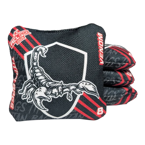 acl stamped professional titan cornhole bags with a scorpion design venom black red