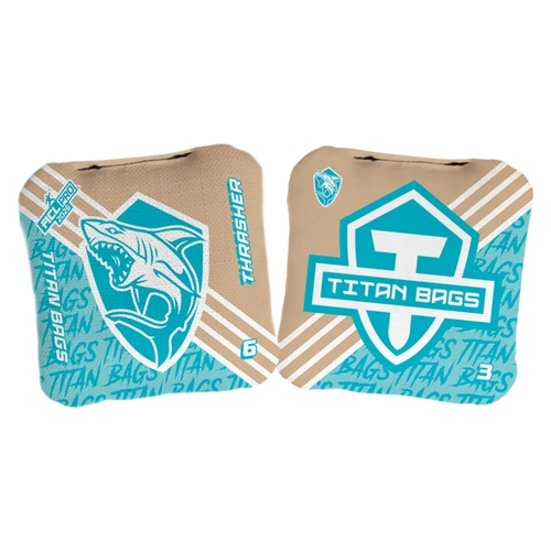 acl stamped professional titan cornhole bags with a shark design thrasher khaki blue