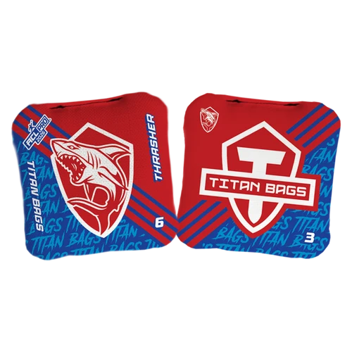 acl stamped professional titan cornhole bags with a shark design thrasher red white and blue