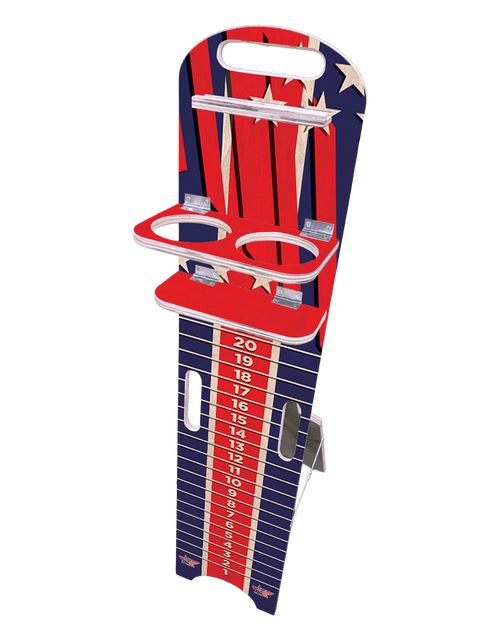 WGC branded red and blue patriotic cornhole score keeping tower highlighting the cup holders and tablet phone shelf