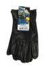 A pair of tagged, black, unlined goatskin leather gloves
