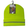 Hi-Vis Knit Lime Green Hat with Reflective Stripe and retail tag