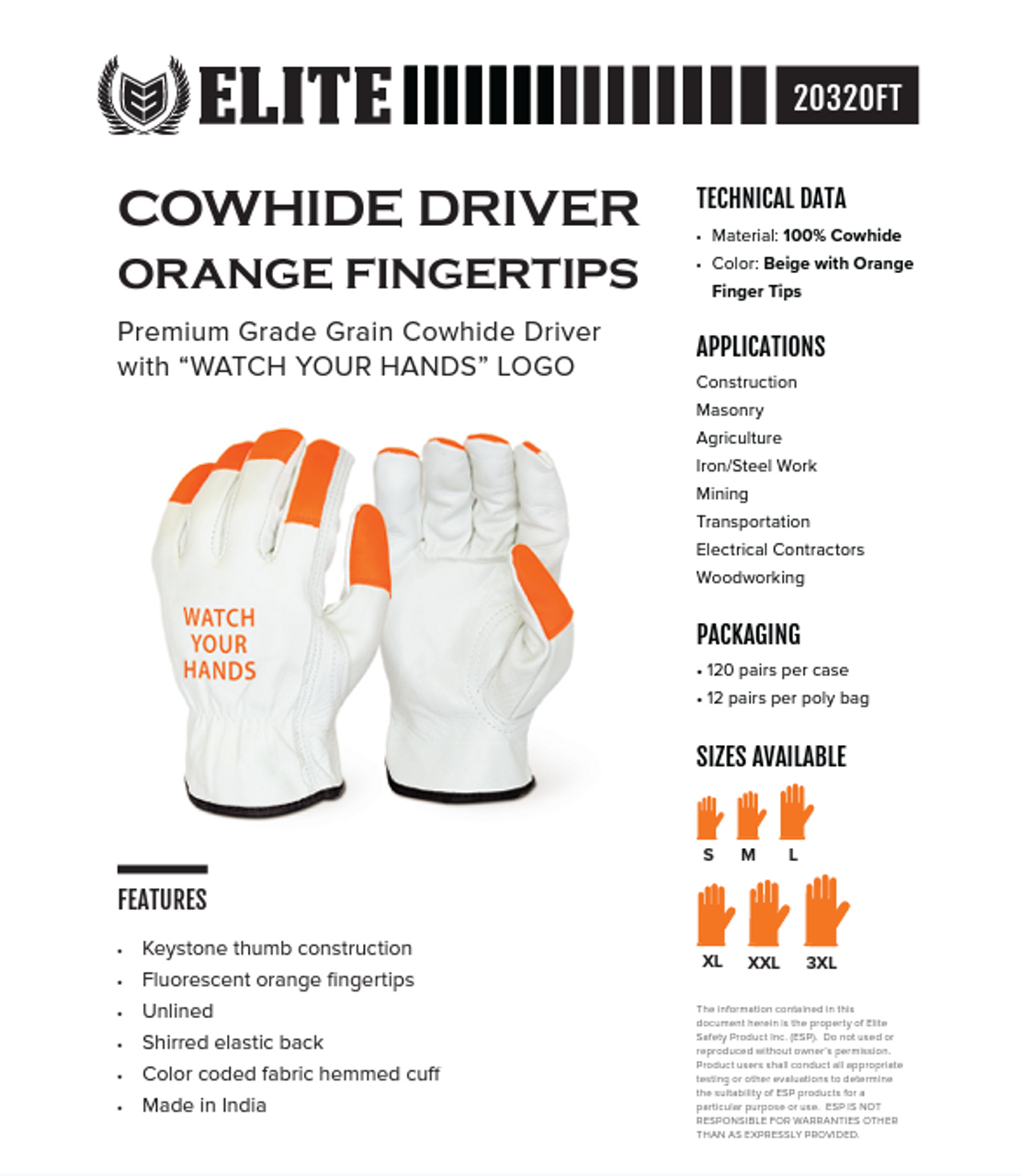 2032OFT- ( 12 pairs) ELITE Premium Grade Grain Cowhide Driver - Fluorescent Fingertips (WATCH YOUR HANDS" LOGO)