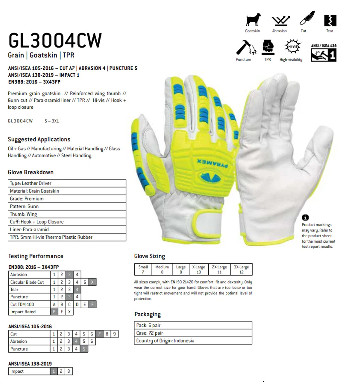 Pyramex GL3004CW Premium Grain Goatskin, ANSI A7, High Visibility Leather Driver Gloves-spec sheet