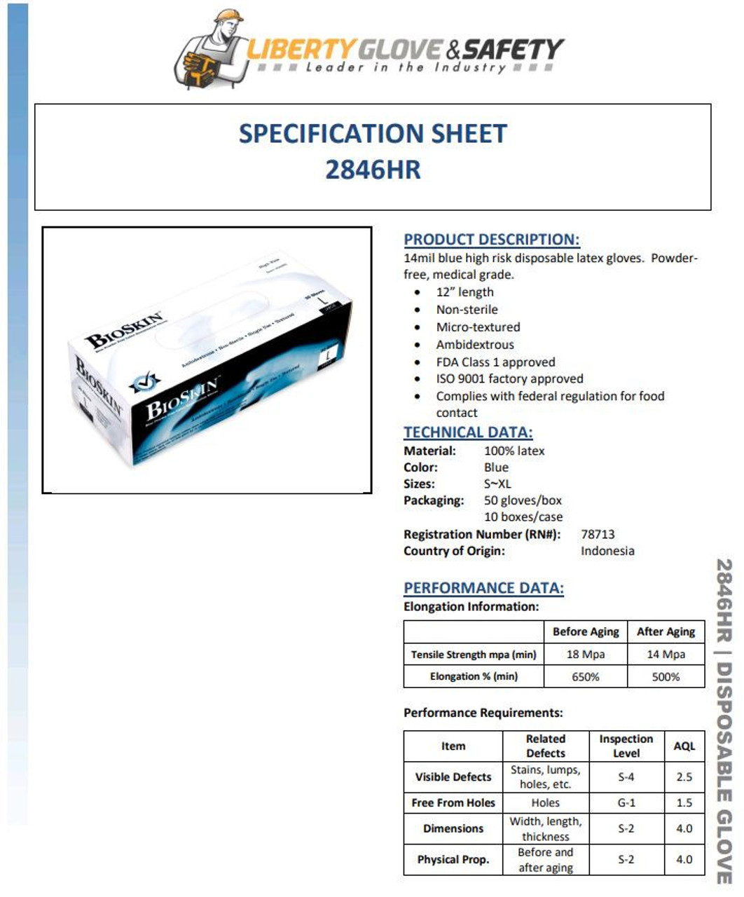 DURAWEAR BIOSKIN 2846HR MEDICAL EXAMINATION GRADE(POWDER-FREE) HIGH RISK 14 MIL LATEX