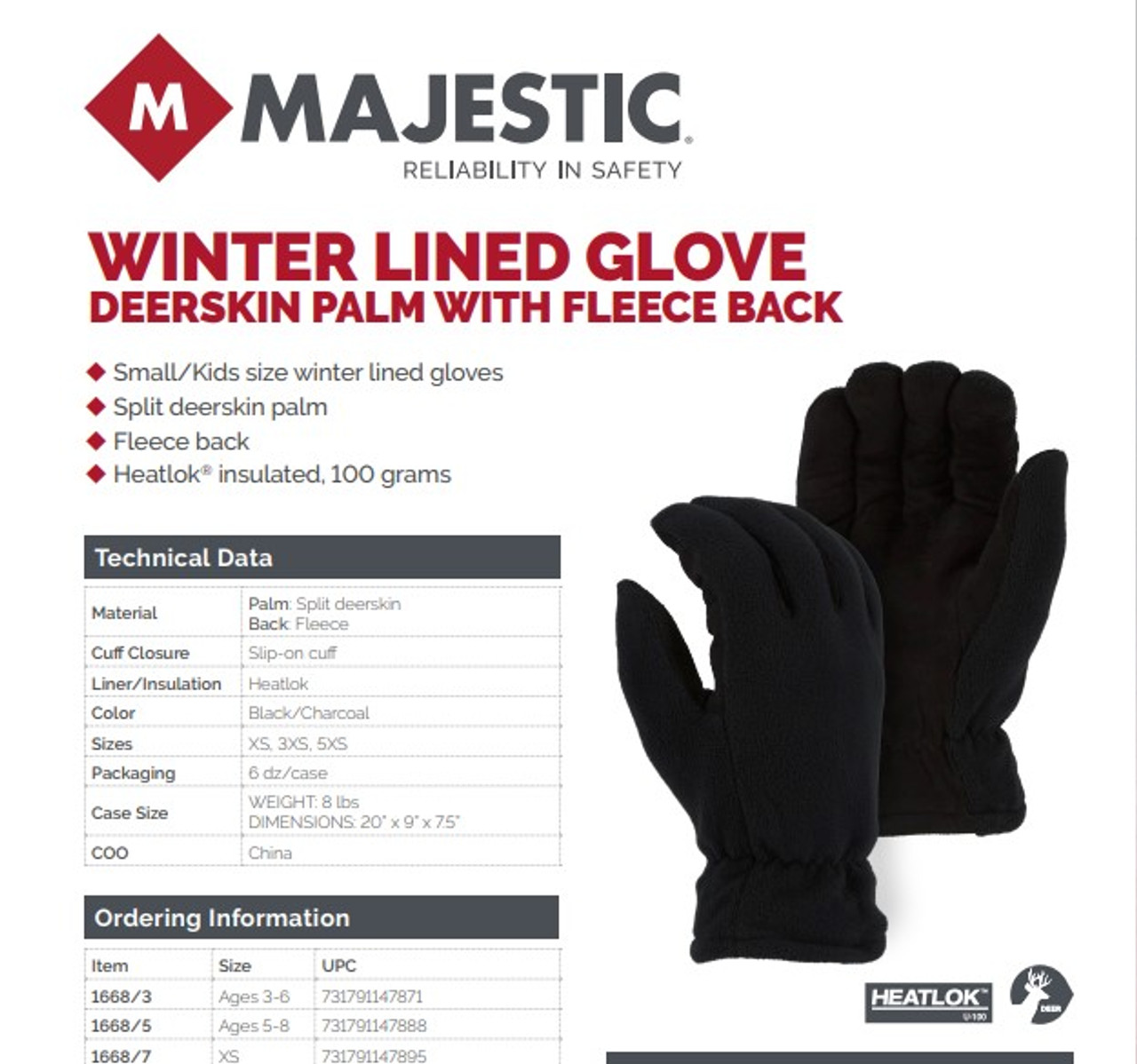 Majestic Glove - 1668 Winter Lined Fleece & Split Deerskin Glove (KIDS SIZES)