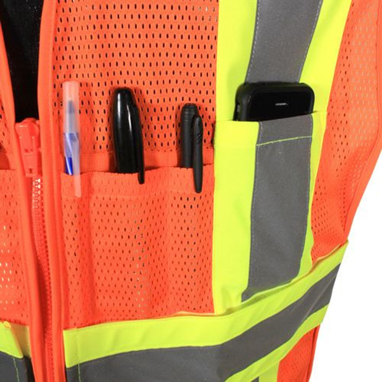 Radians SV24-2ZOM Type R Class 2  Breakaway Expandable Two-Tone Safety Vest in orange — close up of pocket