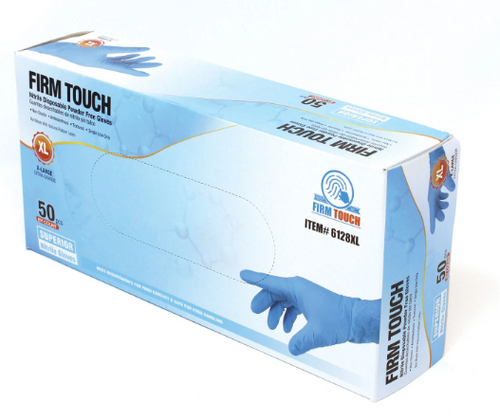 6128- FIRM TOUCH 8 Mil Nitrile Disposable Industrial Grade 12" Length Powder Free (Blue)