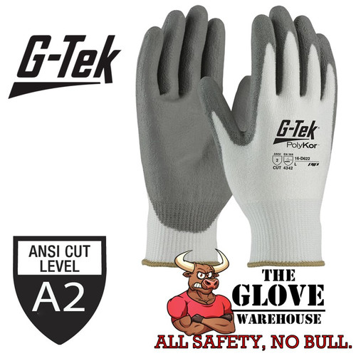 PIP G-Tek PolyKor 16-D622 White/Gray Cut-Resistant Gloves - ANSI A2 Cut Resistance - Polyurethane Palm & Fingers Coating .Purchase on TheGlovewarehouse.com