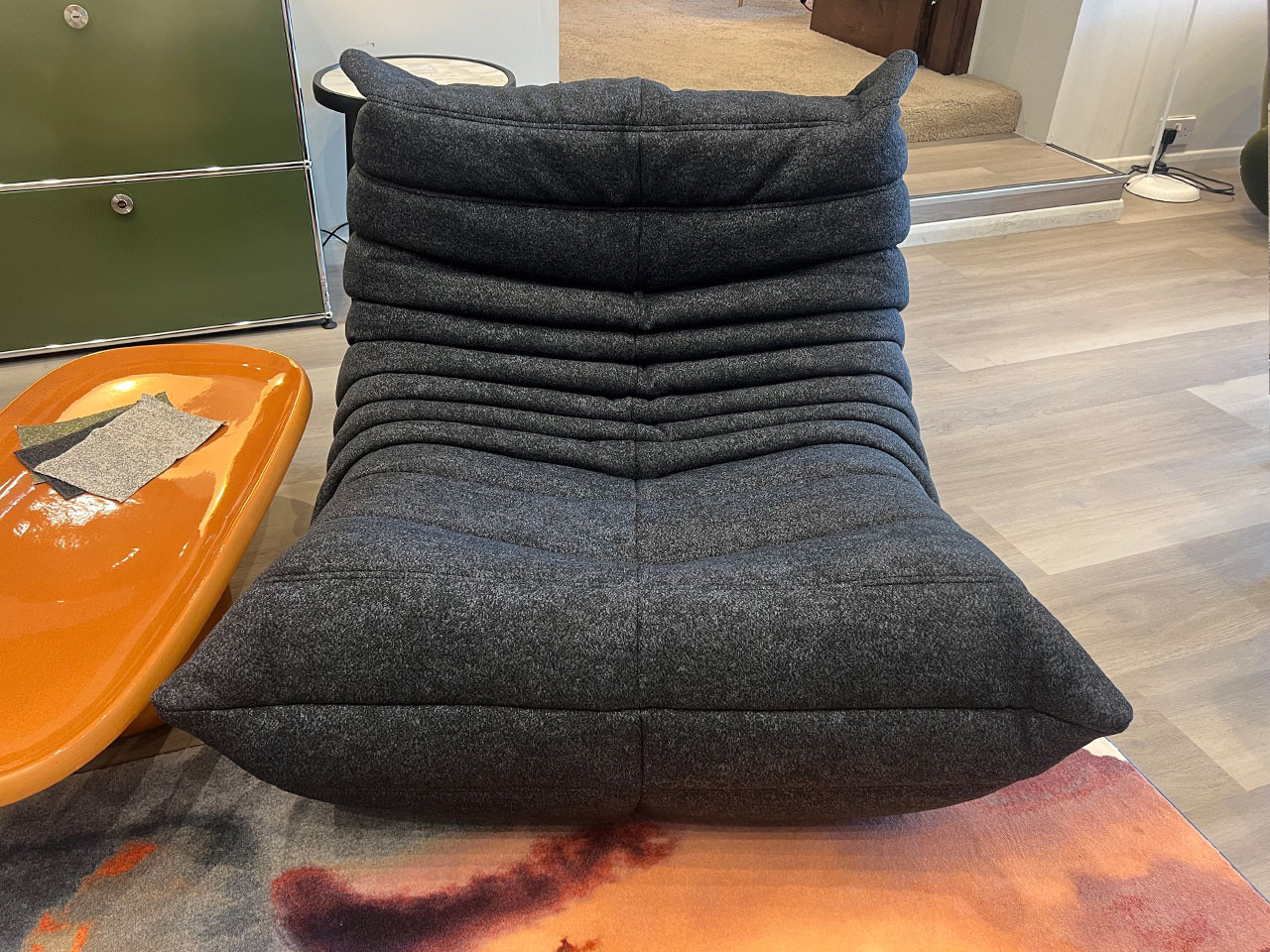 Ligne Roset Togo Fireside Lounge Chair in Arda Noir Saphire by Michel Ducaroy Chaplins