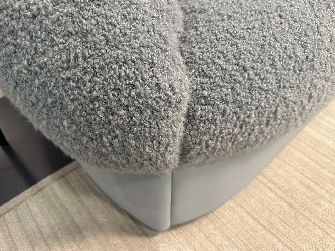Parka Sofa – Bouclé Seat with Pale Blue Leather Base