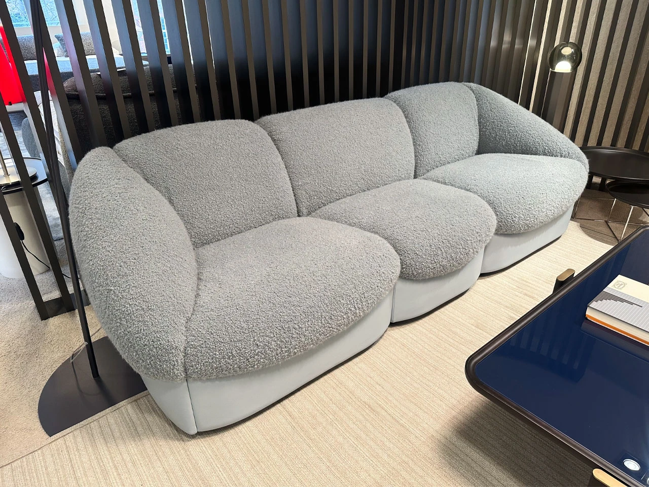 Parka Sofa – Bouclé Seat with Pale Blue Leather Base