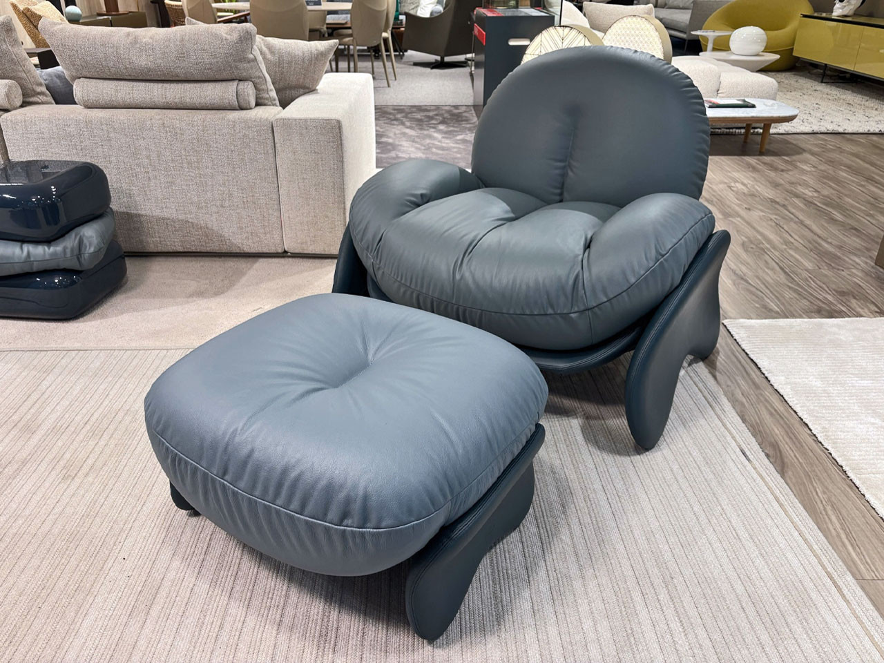 Poltrona Frau Squash Armchair & Ottoman – Blue Leather