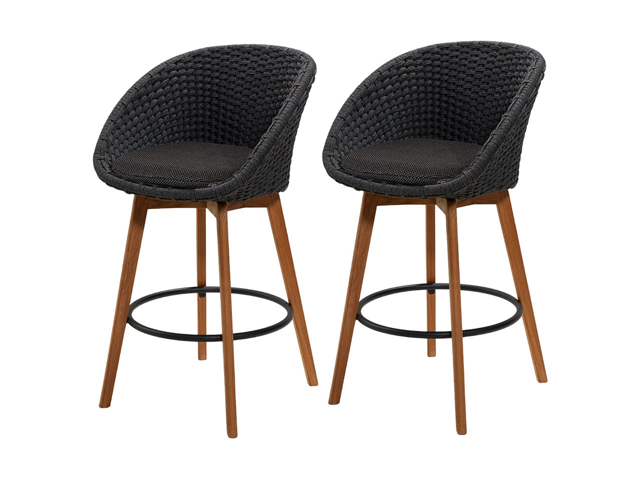 Peacock Outdoor Bar Stool Set of 2 with Covers - Dark Grey Soft Rope & Teak