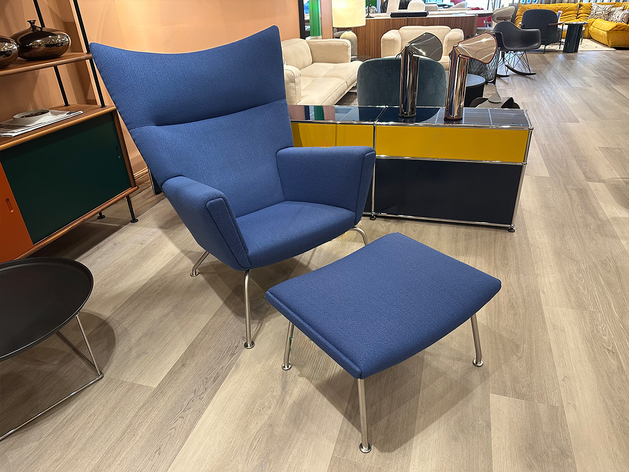 CH445 Wing Chair and Footstool - Vidar Blue Fabric