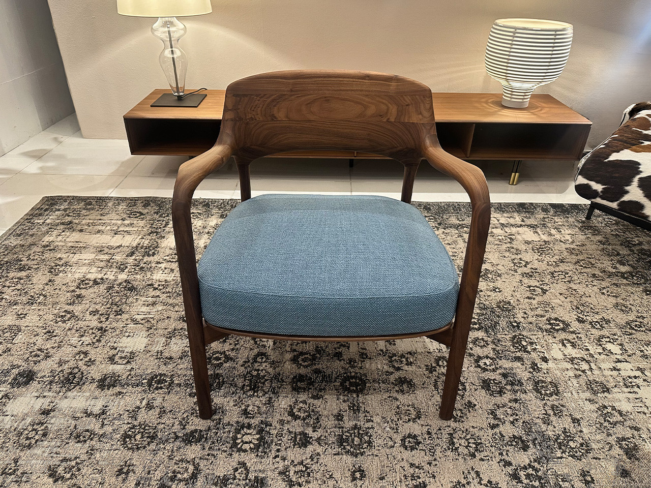 Louis Armchair - Canaletto Walnut & Blue Tress Fabric