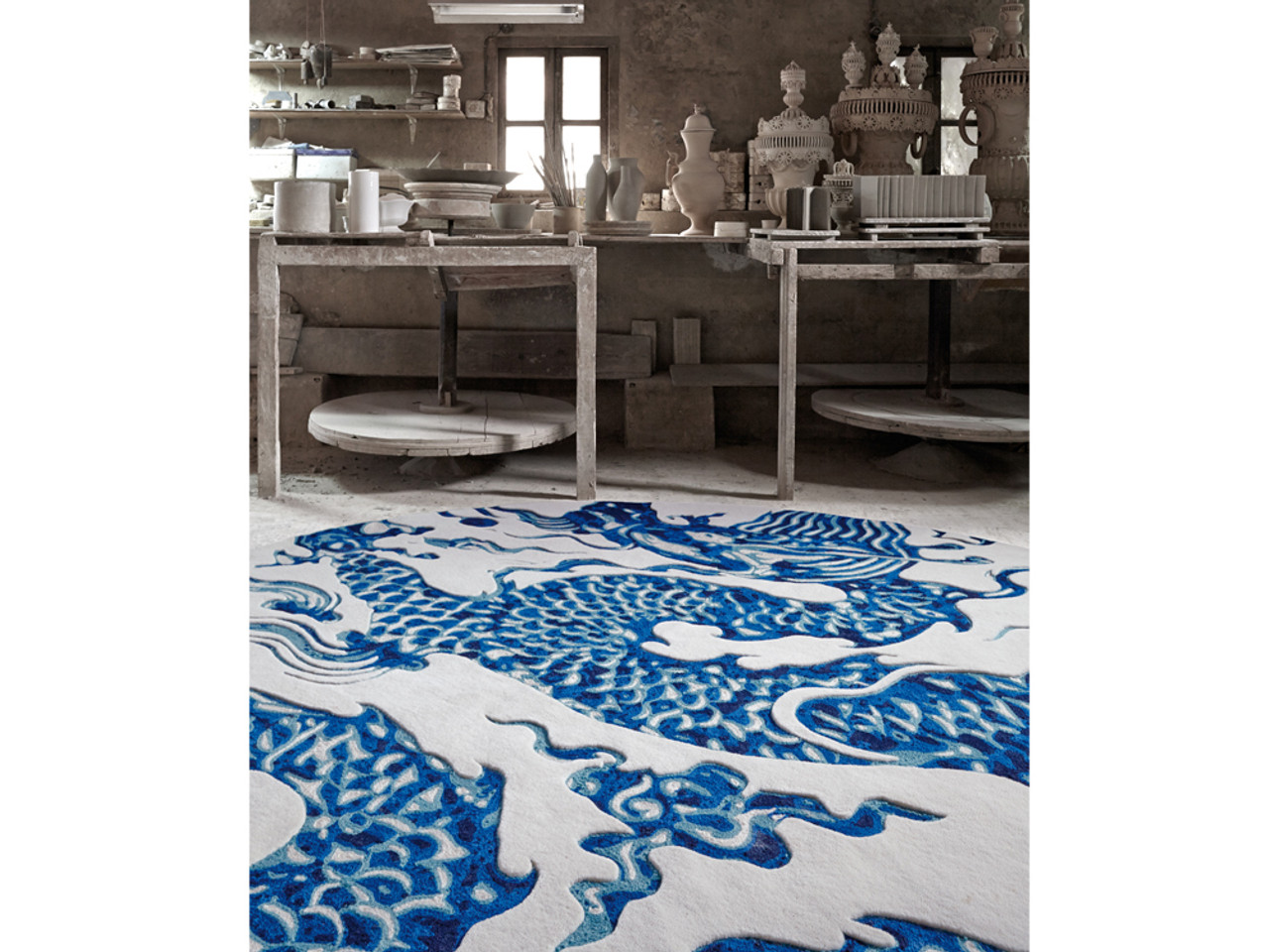 GAN Blue China White Chain Stitch Rug by Mapi Millet