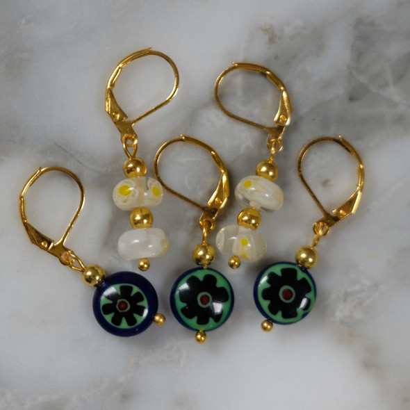 Blue Floral and White Millefiori Stitch Marker Set of 5