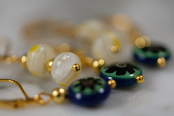 Blue Floral and White Millefiori Stitch Marker Set of 5