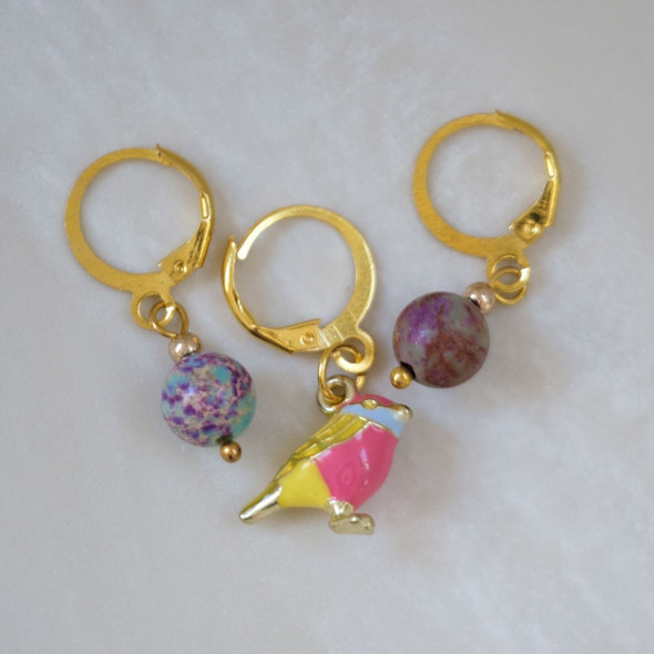 Enamel Birdies and Sea Sediment Jasper Stitch Markers - Set of 3