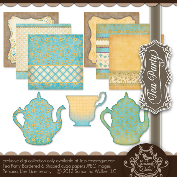 Tea Party Bordered and Shaped Aqua Papers