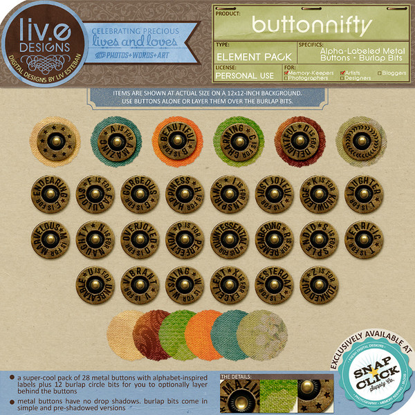 liv.edesigns Buttonnifty - Alpha-Labeled Buttons with Burlap Bits