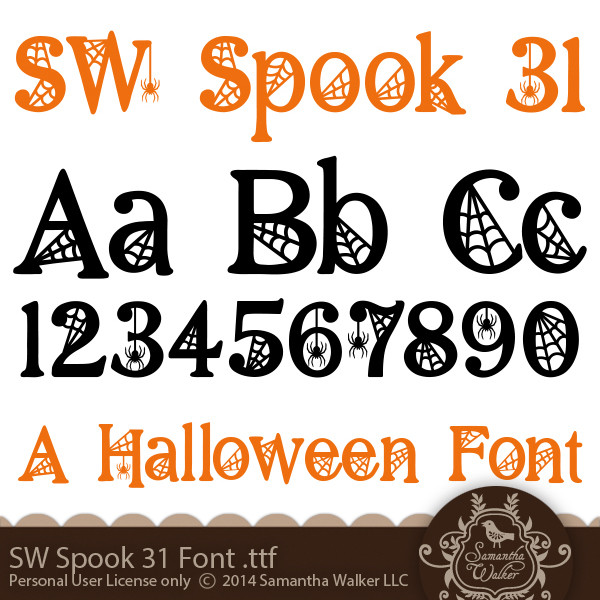 This font comes in .TTF (True Type Format and is perfect for Halloween!  This spooky font is covered in cobwebs and spiders and is ready to give your halloween project just the right feel. I recommend this font for vinyl lettering, or cut large to show off the lacy web details. You can also use this to print out any title or spooky saying on a card.