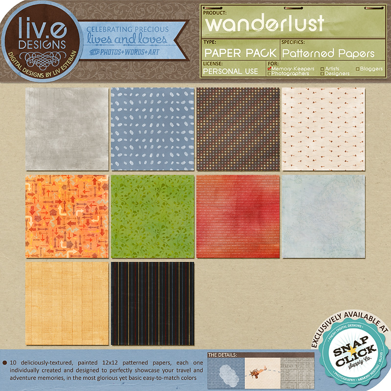 Here's a full-page view of each paper in the Wanderlust Patterned Papers pack.
