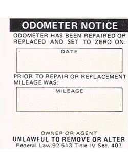 The Odometer Notice Sticker is used by service shops when disclosing replaced or repaired odometers and the new odometer has been reset to zero instead of the preferred method of setting the replacement odometer to the accurate current mileage.

It is 3 1/2" x 1 1/2" and is affixed to the door jam ("B" pillar) of vehicle after previous odometer mileage has been recorded on the sticker.

Packages of 5