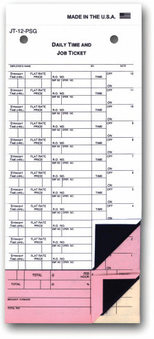 These are 12 line.

Has hard copy on bottom, pink in center, pressure sensitive gummed white on top, with carbon paper inserted.

4-1/4" W x 9-3/4" L
3 Part Snap-Out
White Permanent Adhesive, Pink, Buff Tag
Prints in Black Ink
Hole punched at top for easy posting
Packaged 1000 per box

Quantity Discount at 3 packages